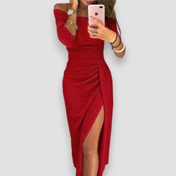 Grace | Wedding Guest Off Shoulder Ruched Midi Dress