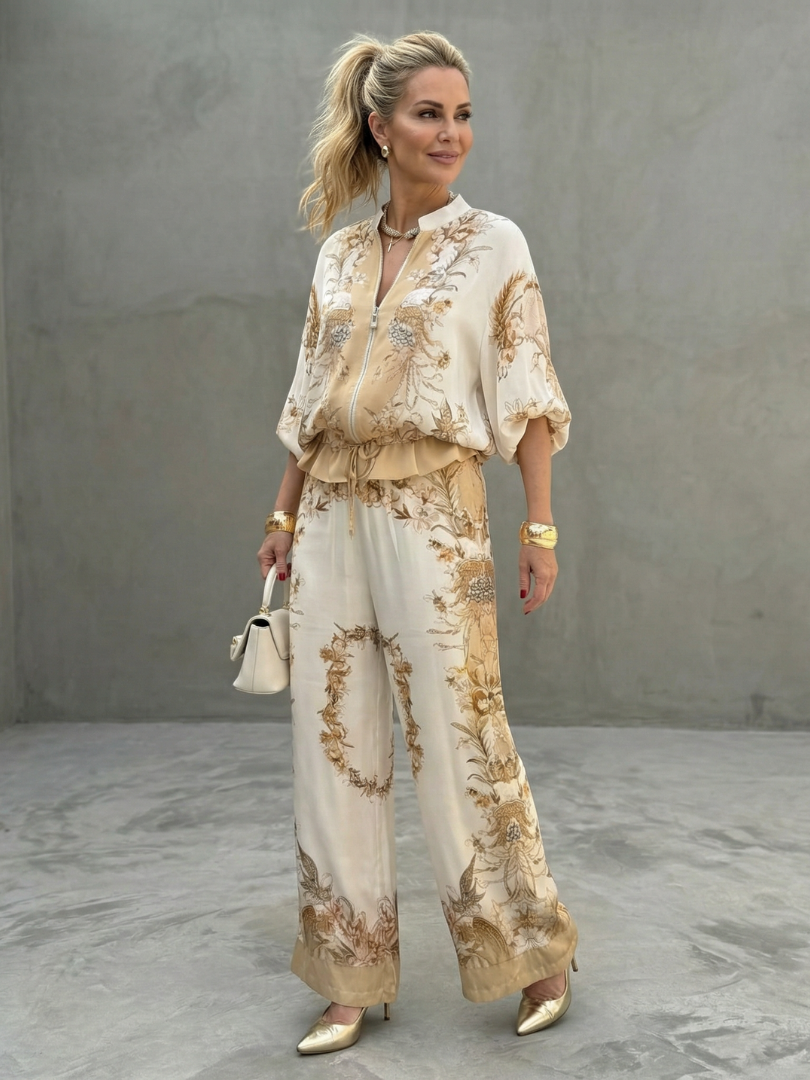 Grace | Womens Floral Bomber Jacket Wide Leg Trouser Set