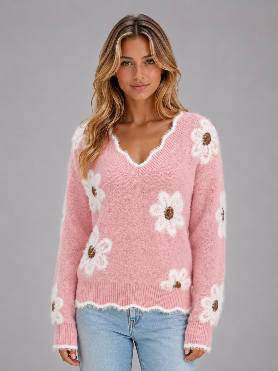 Grace | Womens Floral Knitted Long Sleeve V Neck Jumper