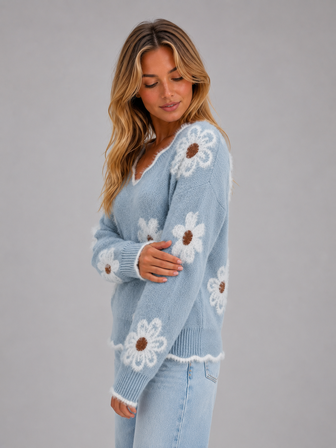 Grace | Womens Floral Knitted Long Sleeve V Neck Jumper