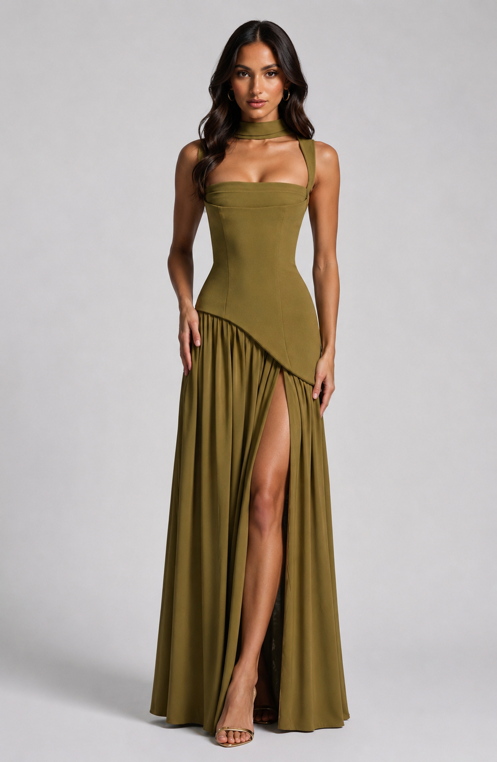 Hattie | Halter Neck Slit Wedding Guest Maxi Dress