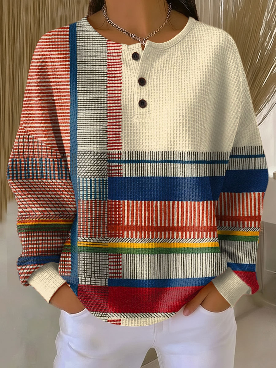 Hattie | Womens Striped Waffle Knit Long Sleeve Henley Top