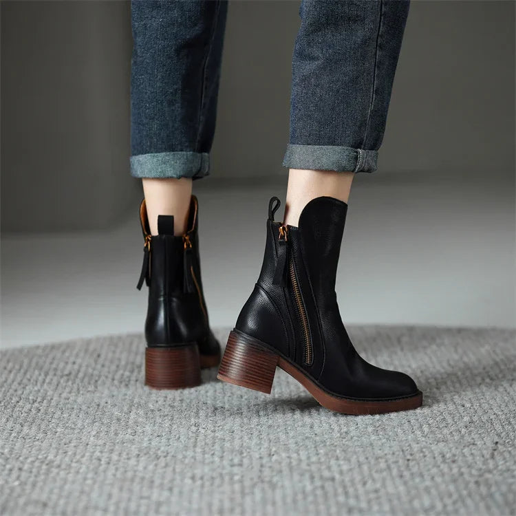 Gemma | Leather Chunky Heel Zip Ankle Boots