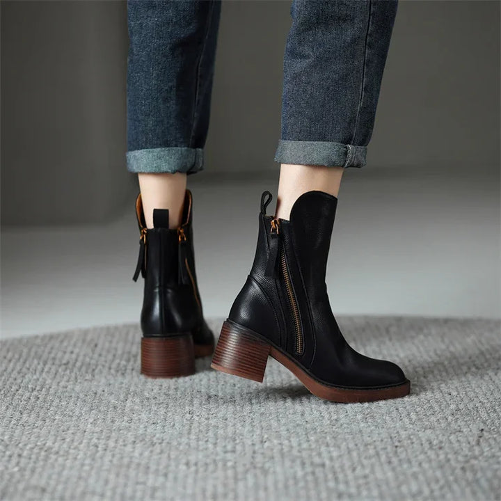 Gemma | Leather Chunky Heel Zip Ankle Boots