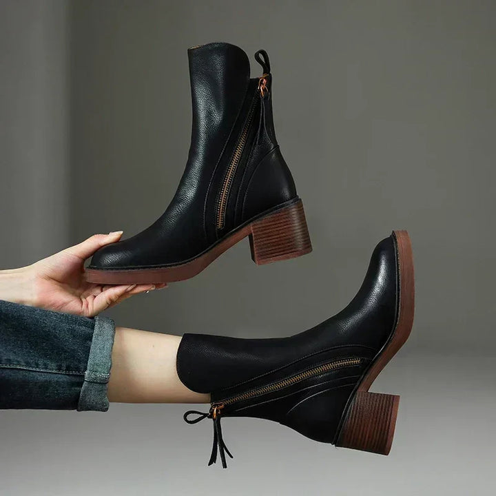Gemma | Leather Chunky Heel Zip Ankle Boots