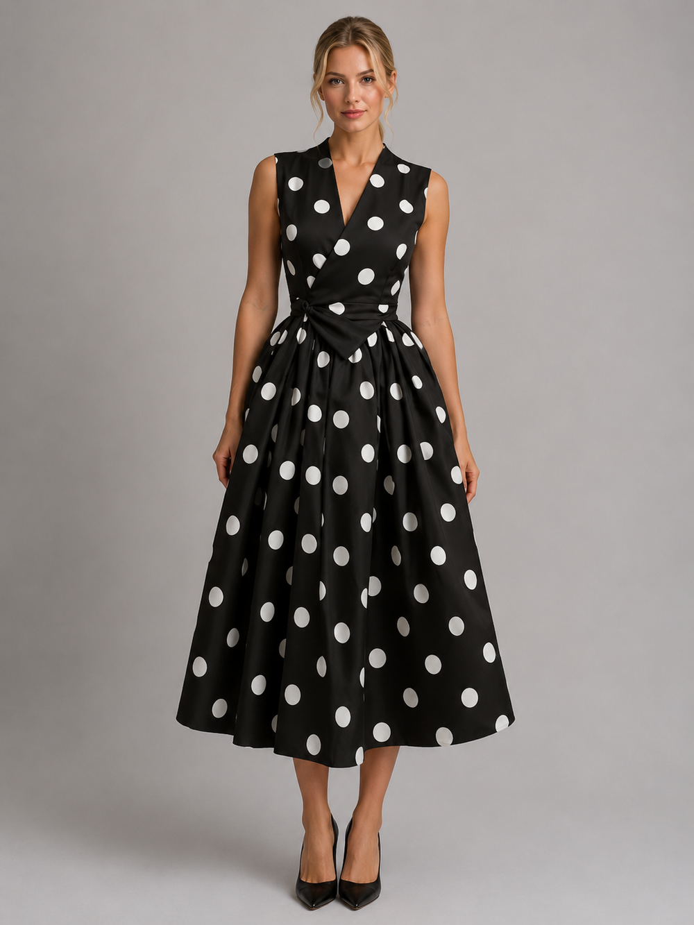 Imogen | Wedding Guest Polka Dot Sleeveless Wrap Midi Dress