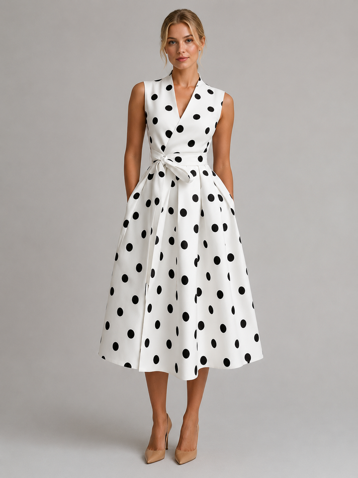 Imogen | Wedding Guest Polka Dot Sleeveless Wrap Midi Dress