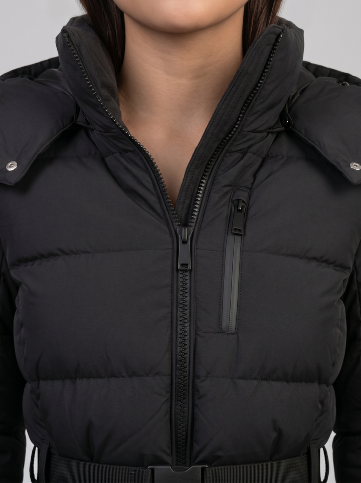 Isla | Black Belted Quilted Hooded Puffer Jacket