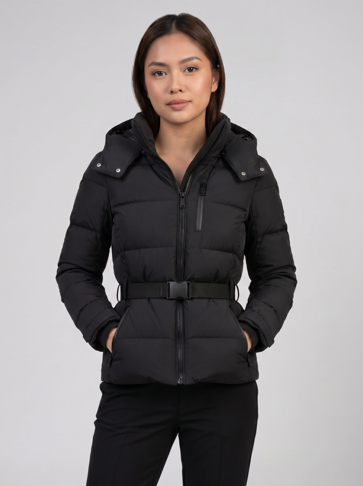 Isla | Black Belted Quilted Hooded Puffer Jacket
