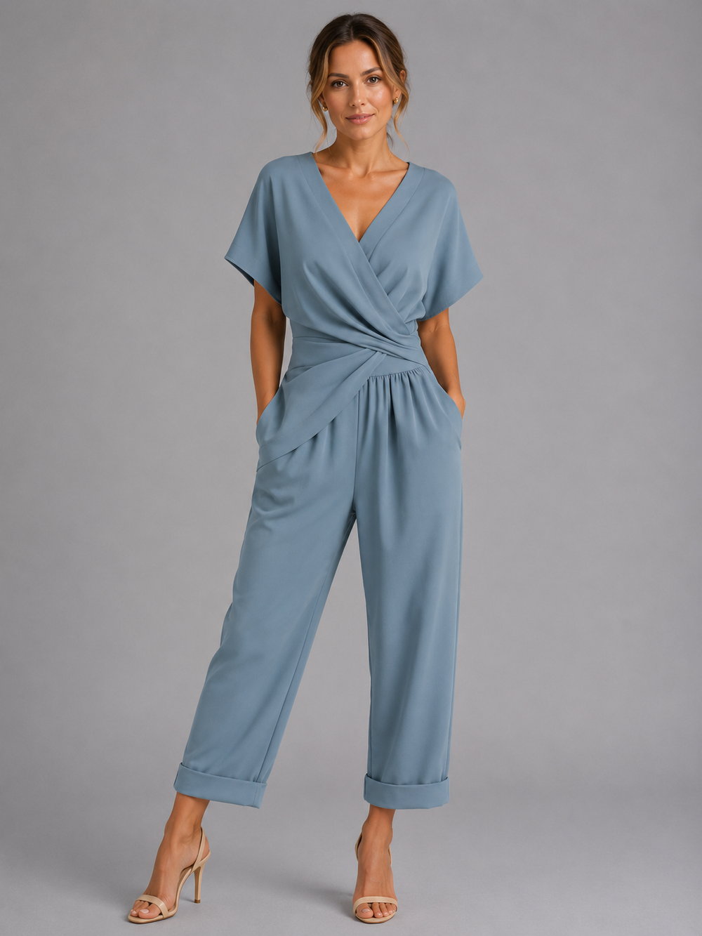 Isla | Womens Wrap V Neck Short Sleeve Jumpsuit