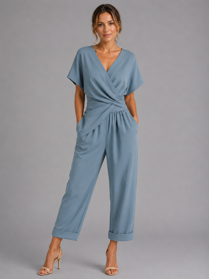 Isla | Womens Wrap V Neck Short Sleeve Jumpsuit