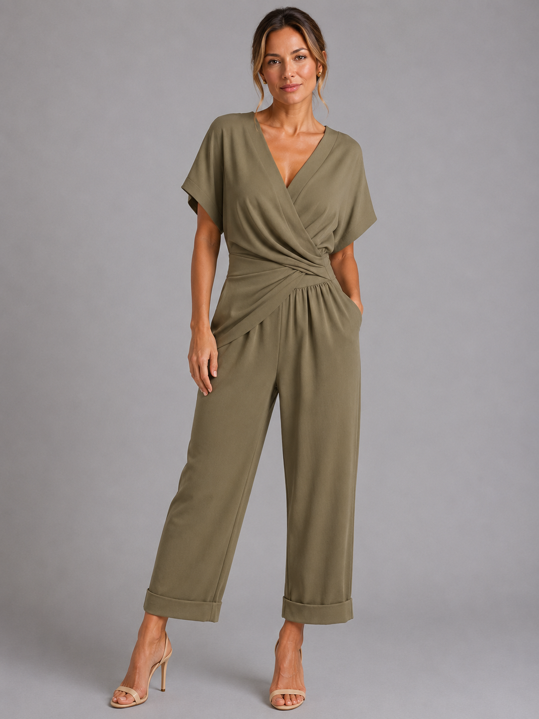 Isla | Womens Wrap V Neck Short Sleeve Jumpsuit
