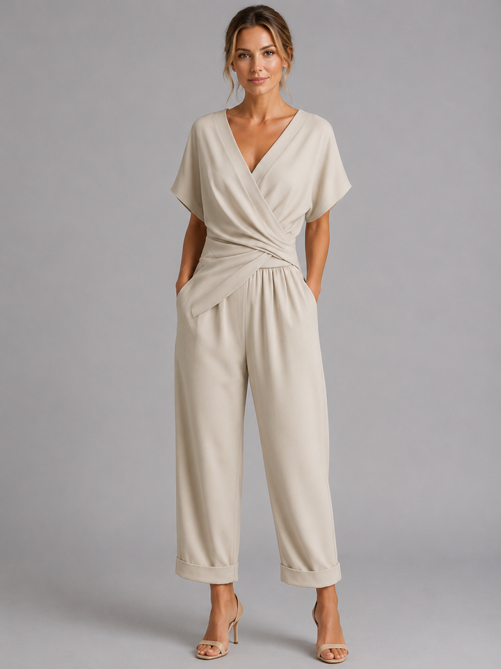 Isla | Womens Wrap V Neck Short Sleeve Jumpsuit