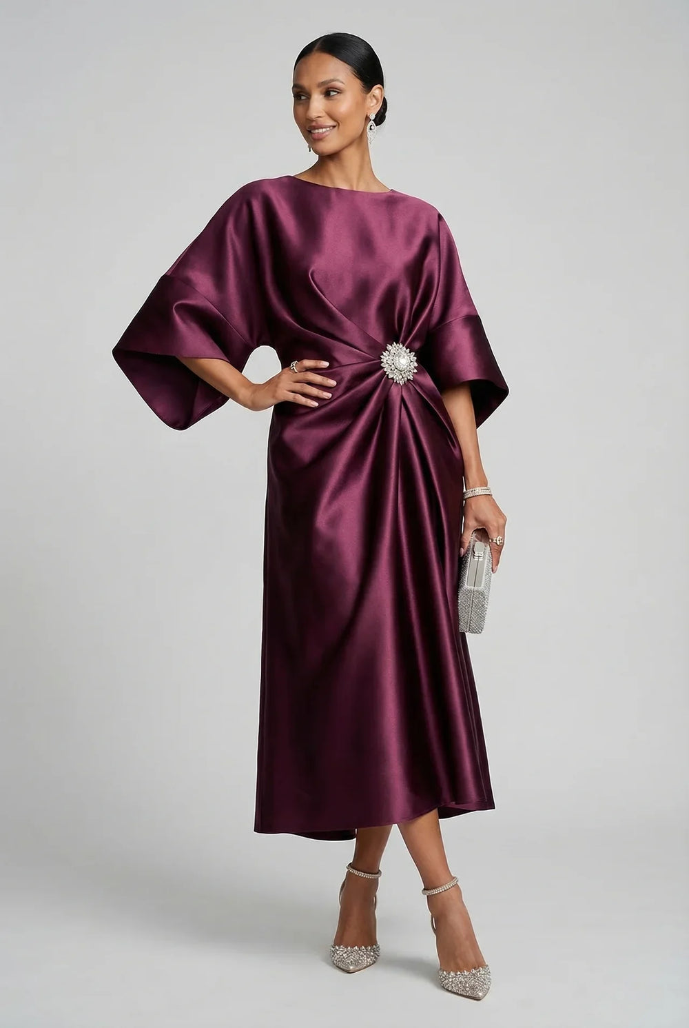 Ivy | Wedding Guest Satin Batwing Sleeve Midi Dress