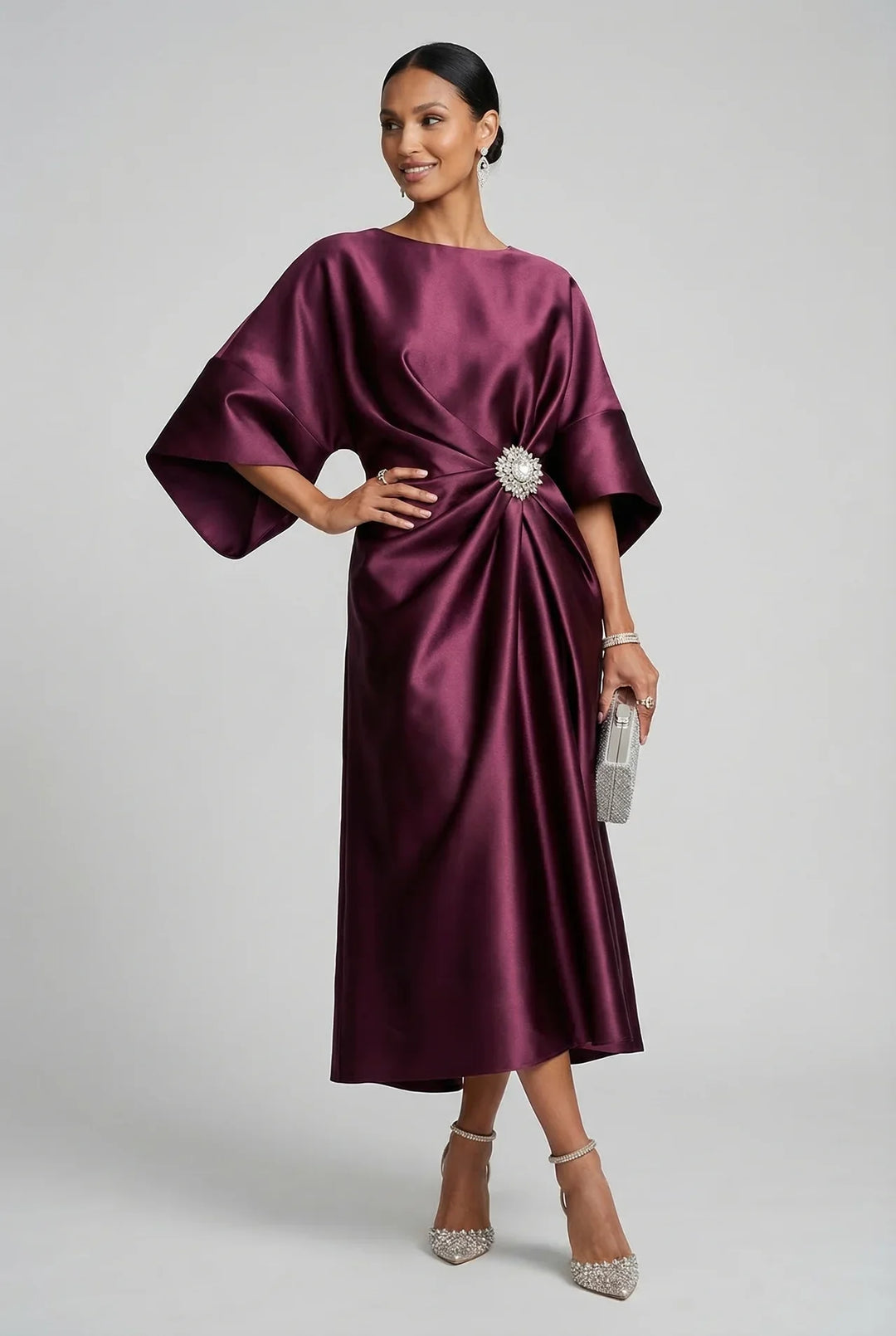Ivy | Wedding Guest Satin Batwing Sleeve Midi Dress