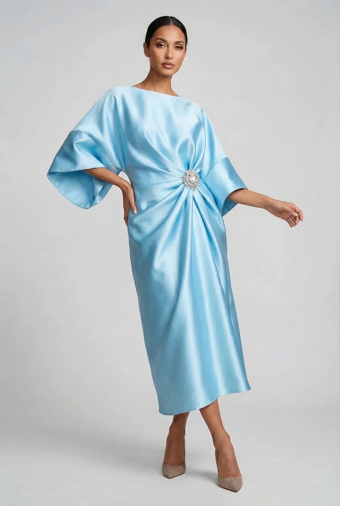 Ivy | Wedding Guest Satin Batwing Sleeve Midi Dress