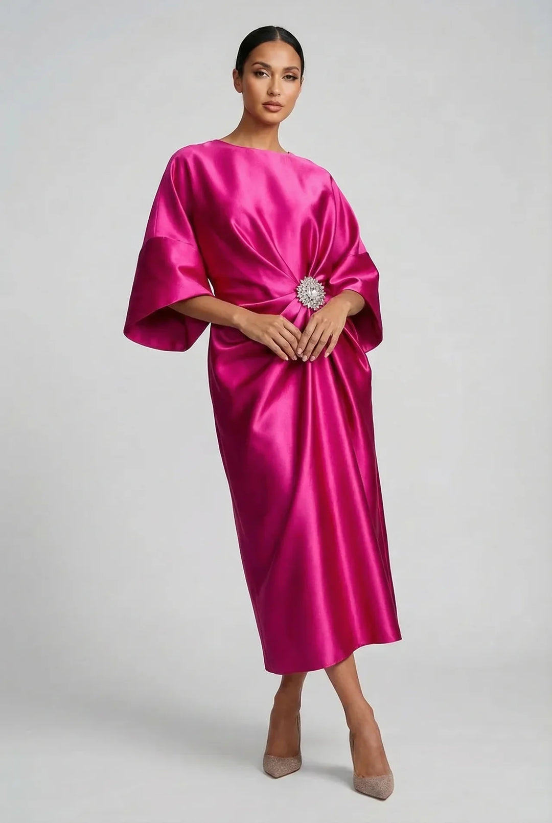 Ivy | Wedding Guest Satin Batwing Sleeve Midi Dress