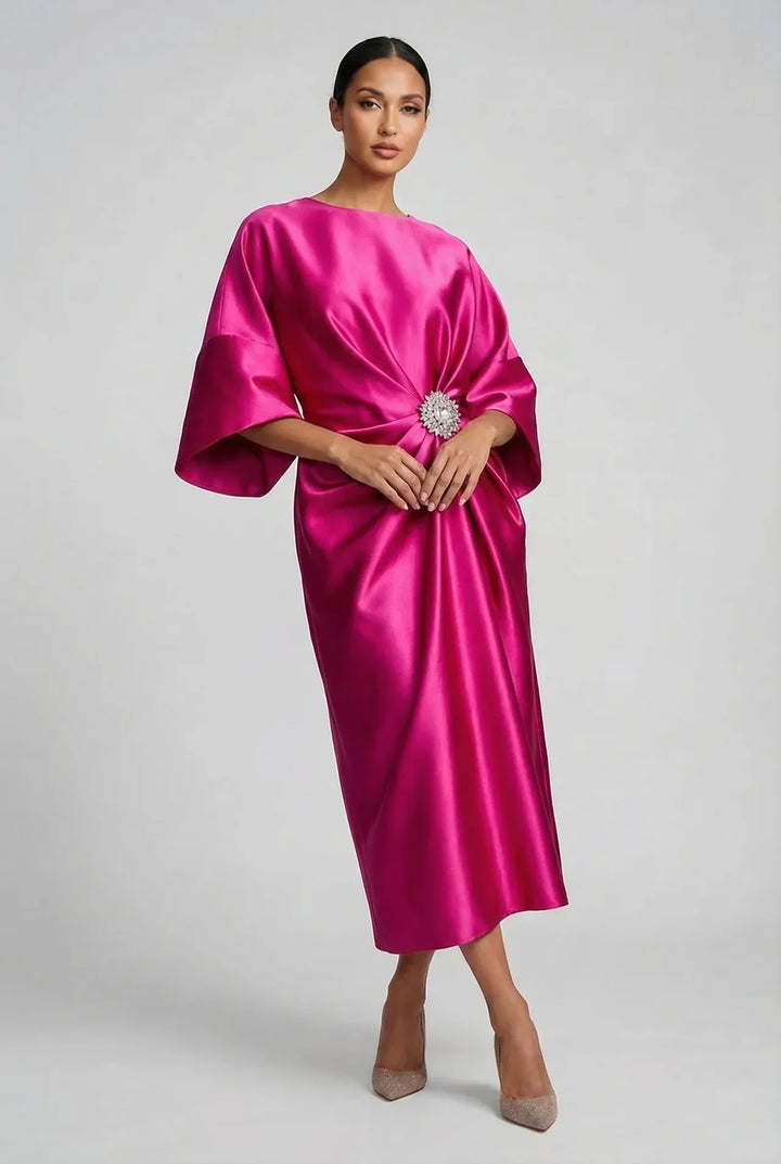 Ivy | Wedding Guest Satin Batwing Sleeve Midi Dress