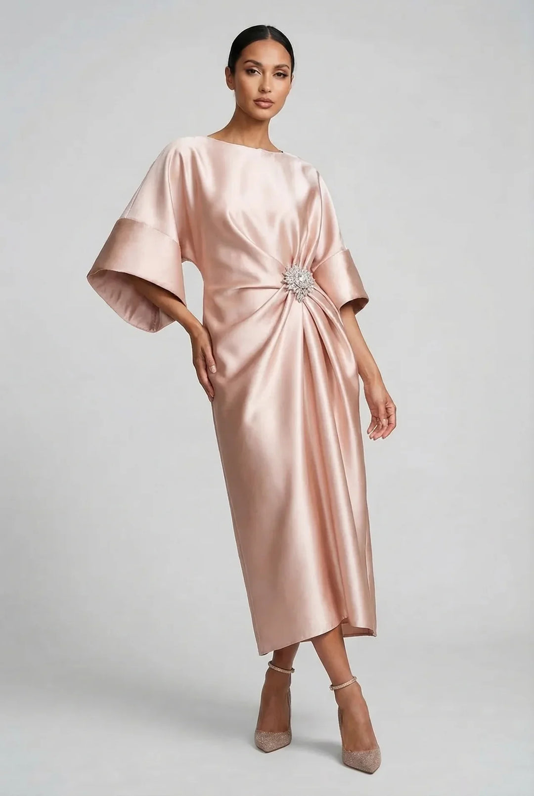 Ivy | Wedding Guest Satin Batwing Sleeve Midi Dress