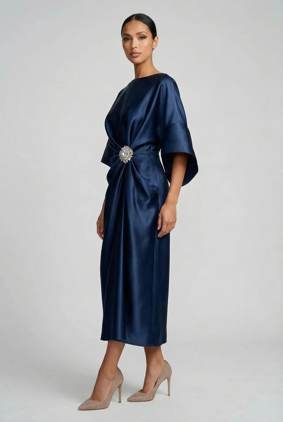 Ivy | Wedding Guest Satin Batwing Sleeve Midi Dress