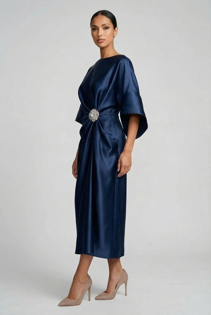 Ivy | Wedding Guest Satin Batwing Sleeve Midi Dress