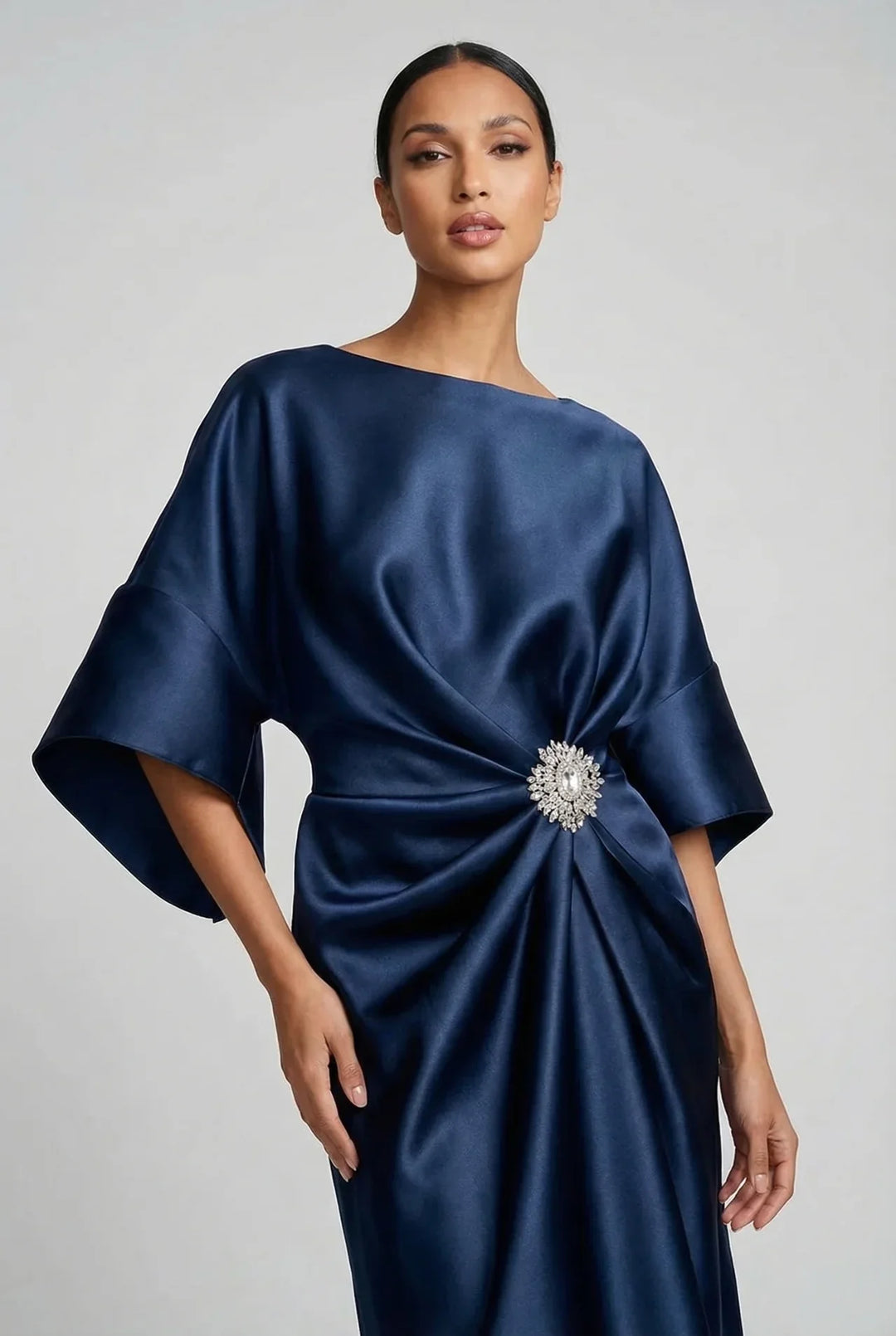 Ivy | Wedding Guest Satin Batwing Sleeve Midi Dress