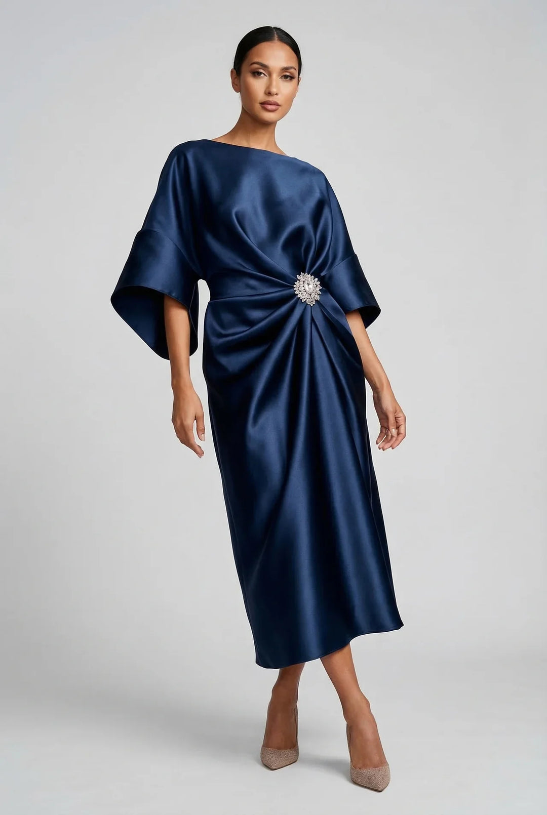 Ivy | Wedding Guest Satin Batwing Sleeve Midi Dress