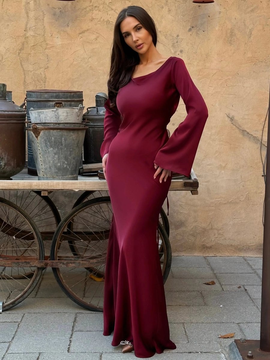 Ivy | Wedding Guest Satin Bell Sleeve Maxi Dress