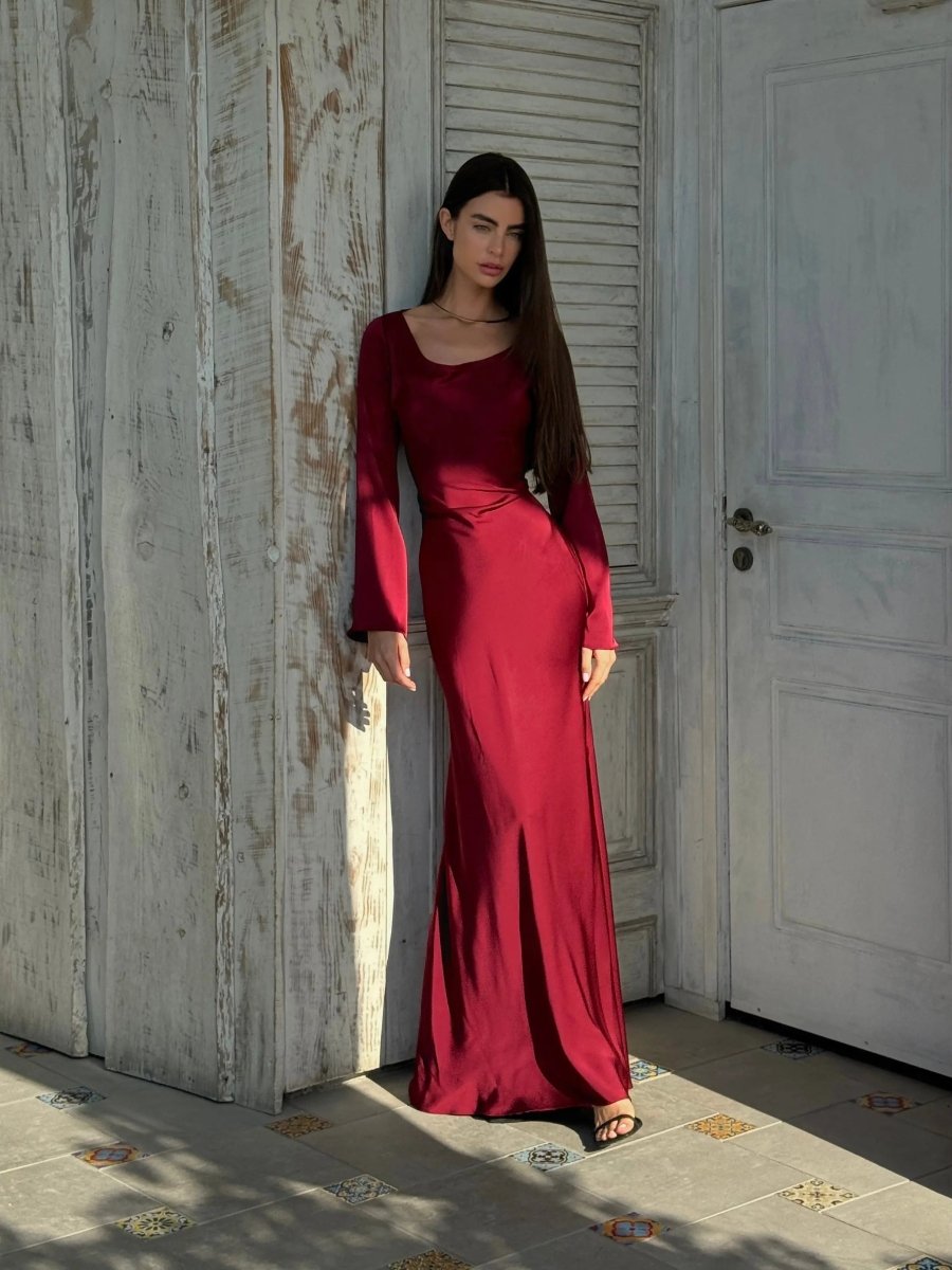 Ivy | Wedding Guest Satin Bell Sleeve Maxi Dress