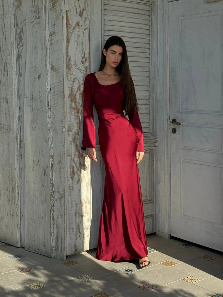 Ivy | Wedding Guest Satin Bell Sleeve Maxi Dress