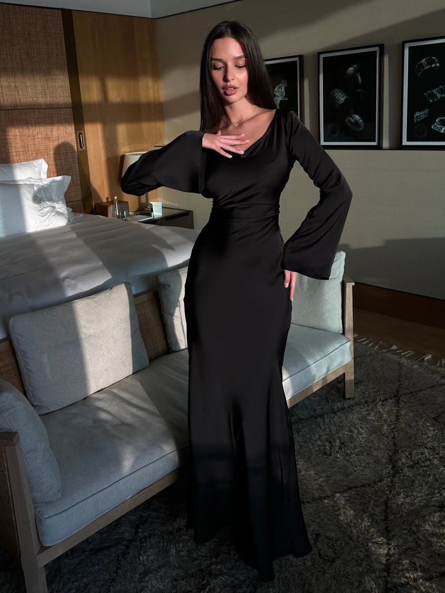 Ivy | Wedding Guest Satin Bell Sleeve Maxi Dress