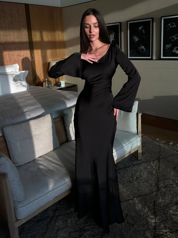 Ivy | Wedding Guest Satin Bell Sleeve Maxi Dress