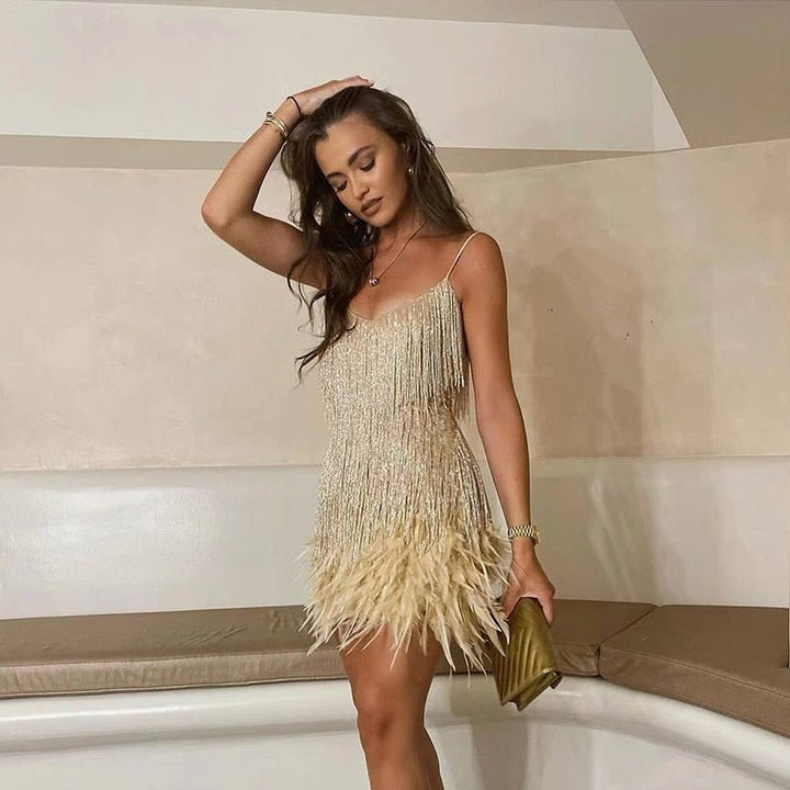 Lottie | Sequin Feather Trim V Neck Party Mini Dress