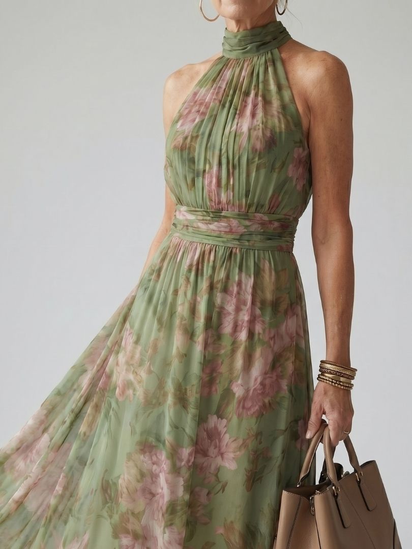 Lottie | Wedding Guest Floral Chiffon Halter Maxi Dress