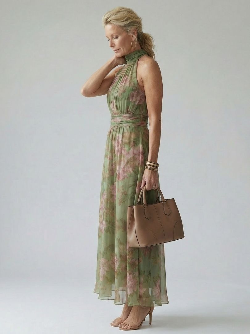 Lottie | Wedding Guest Floral Chiffon Halter Maxi Dress