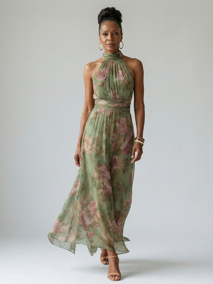 Lottie | Wedding Guest Floral Chiffon Halter Maxi Dress
