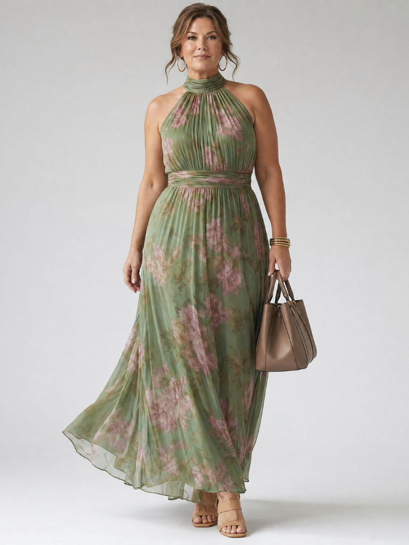 Lottie | Wedding Guest Floral Chiffon Halter Maxi Dress