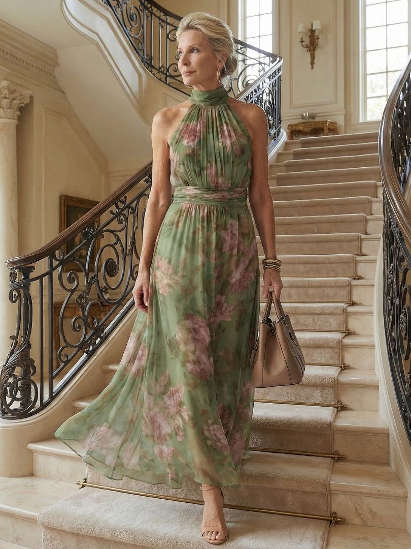 Lottie | Wedding Guest Floral Chiffon Halter Maxi Dress