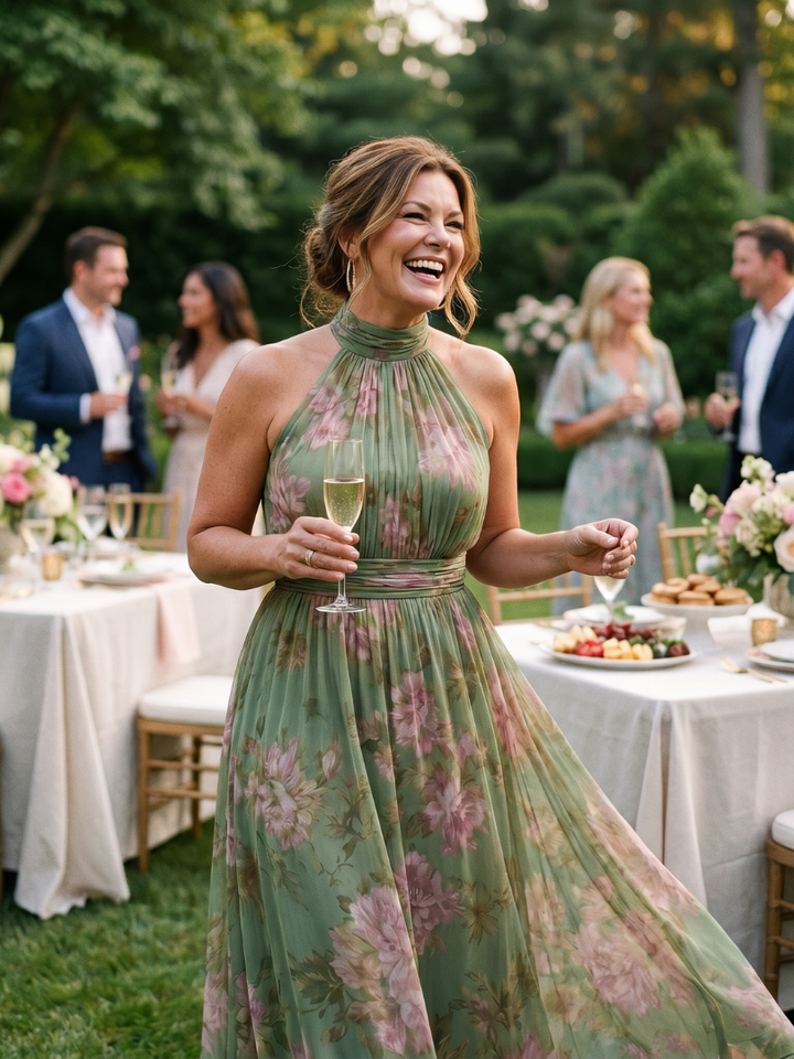Lottie | Wedding Guest Floral Chiffon Halter Maxi Dress