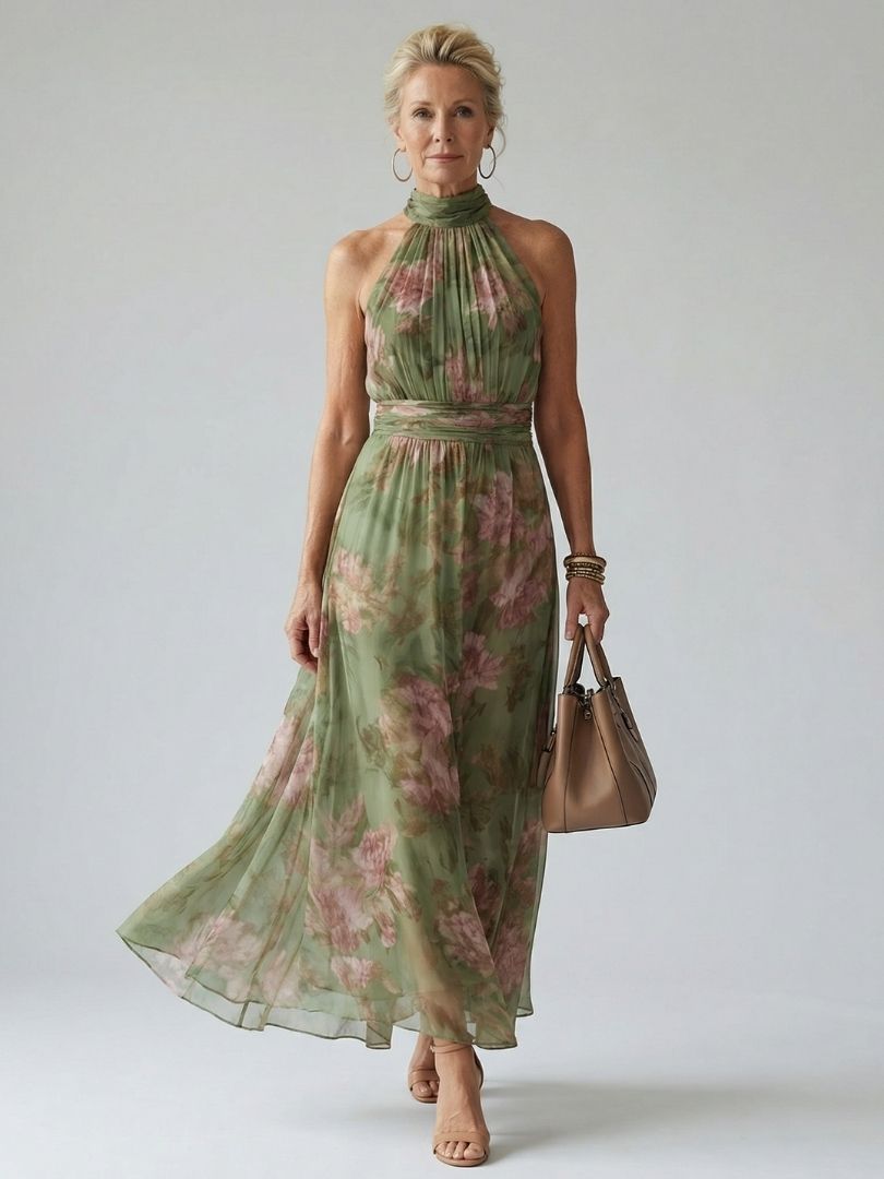Lottie | Wedding Guest Floral Chiffon Halter Maxi Dress