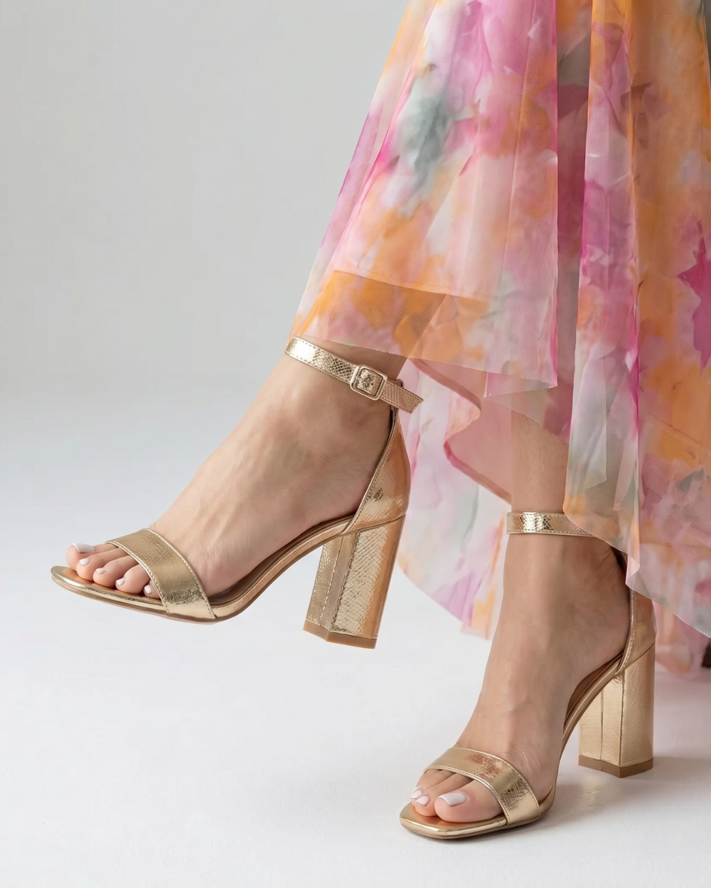 Lottie | Womens Gold Block Heel Ankle Strap Sandals