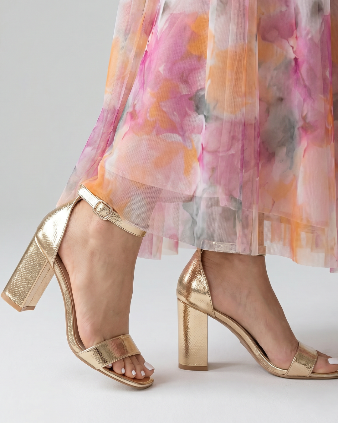 Lottie | Womens Gold Block Heel Ankle Strap Sandals