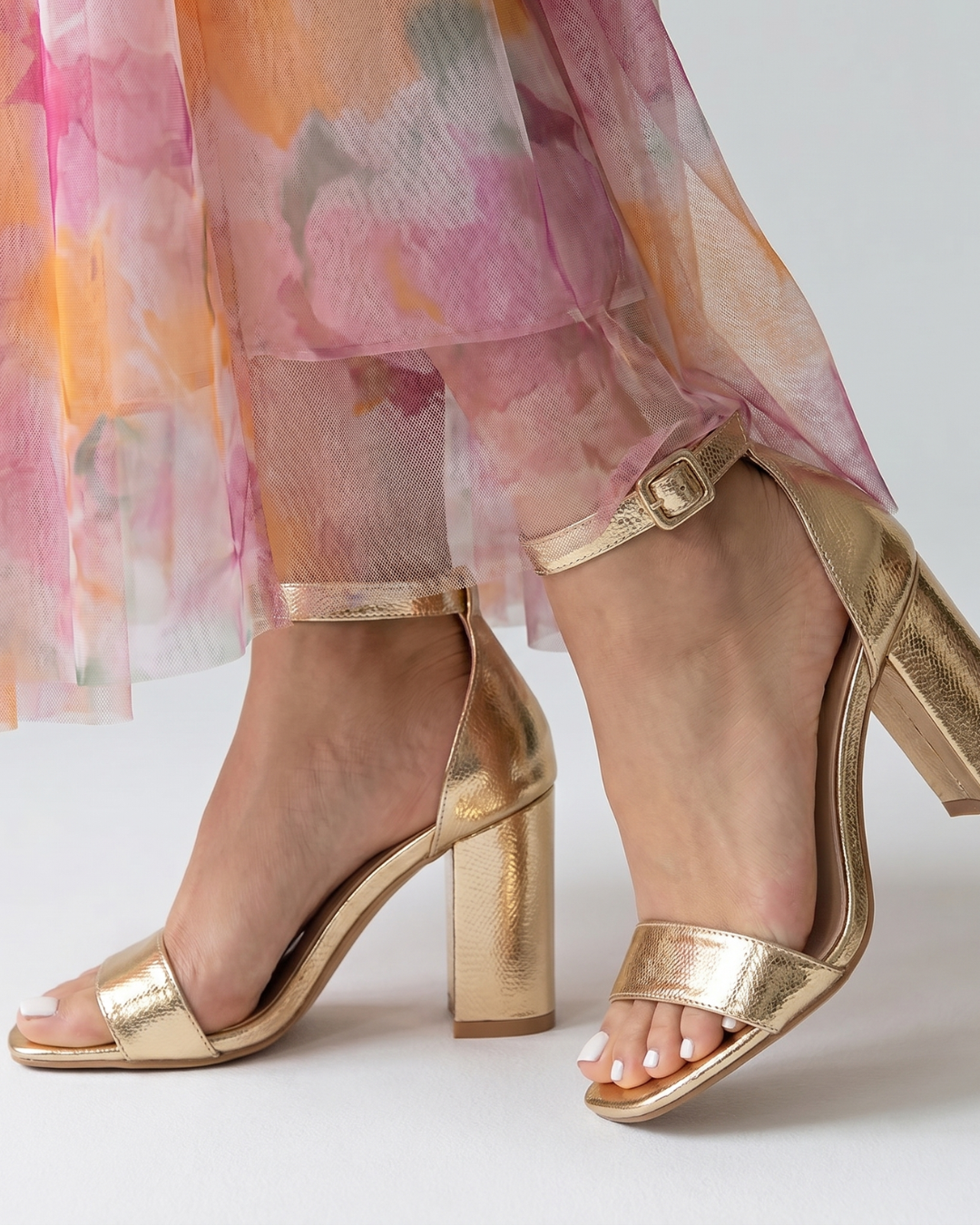 Lottie | Womens Gold Block Heel Ankle Strap Sandals