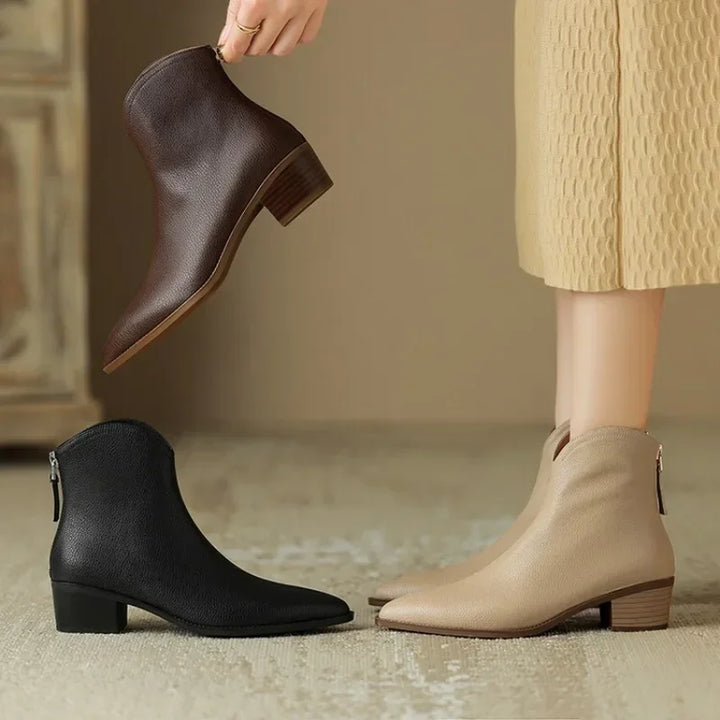 Maisie | Pointed Toe V Cut Shaft Block Heel Leather Ankle Boots
