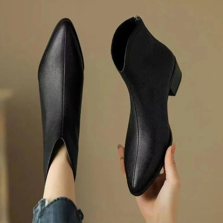 Maisie | Pointed Toe V Cut Shaft Block Heel Leather Ankle Boots