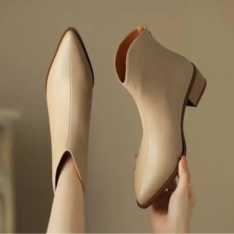 Maisie | Pointed Toe V Cut Shaft Block Heel Leather Ankle Boots