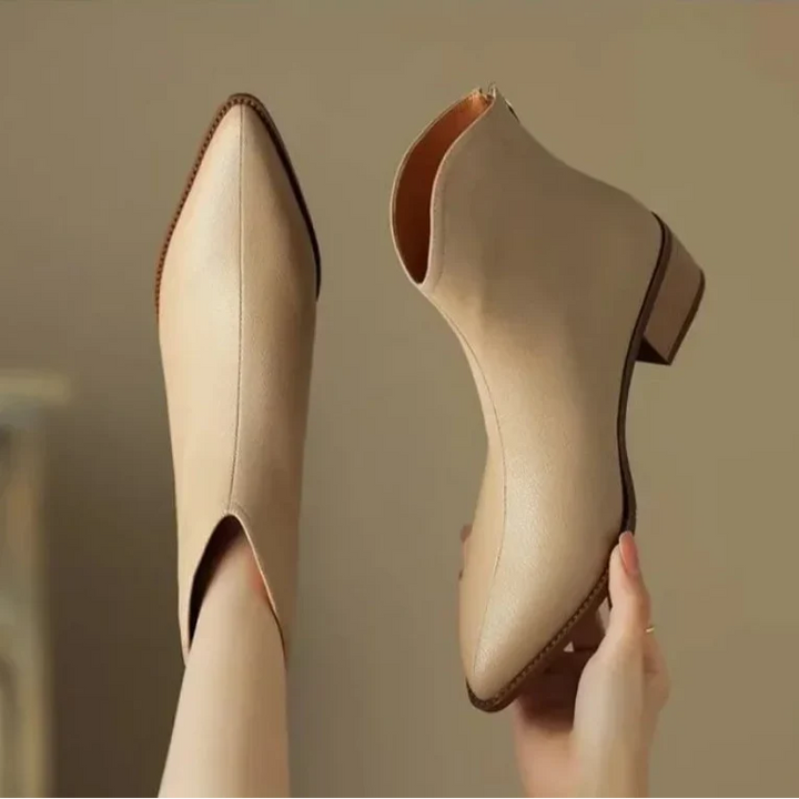 Maisie | Pointed Toe V Cut Shaft Block Heel Leather Ankle Boots