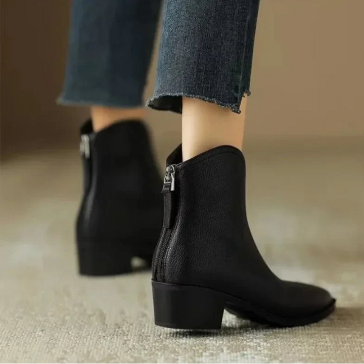 Maisie | Pointed Toe V Cut Shaft Block Heel Leather Ankle Boots