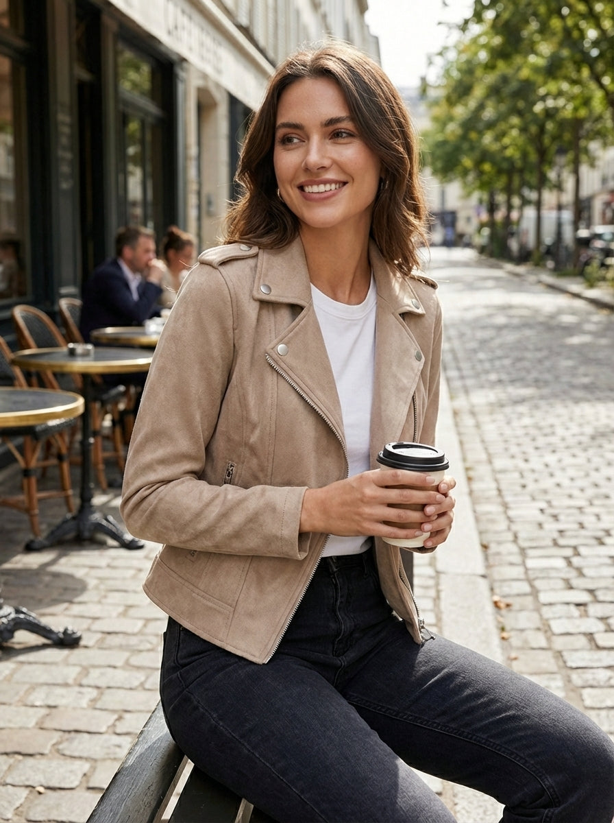 Maisie | Womens Fitted Suede Zip Collared Moto Jacket