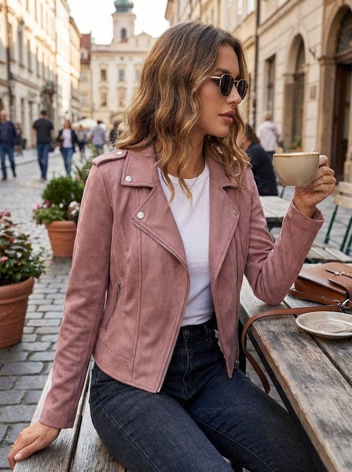 Maisie | Womens Fitted Suede Zip Collared Moto Jacket